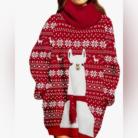 NWT- Medium Red Llama Pattern Women's Sweater Dress - Picture 5 of 8